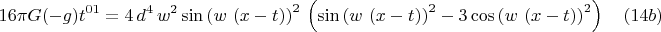 $$16{\pi}G(-g)t^{01}=4\,{d}^{4}\,{w}^{2}\,{\mathrm{\sin}\left( w\,\left( x-t\right) \right) }^{2}\,\left( {\mathrm{\sin}\left( w\,\left( x-t\right) \right) }^{2}-3\,{\mathrm{\cos}\left( w\,\left( x-t\right) \right) }^{2}\right)  \quad(14b)$$