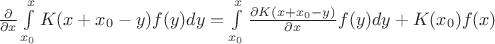 $\frac{\partial}{\partial x} \int\limits_{x_0}^{x}K(x+x_0-y)f(y)dy = \int\limits_{x_0}^{x}\frac{\partial K(x+x_0-y)}{\partial x}f(y)dy + K(x_0)f(x)$