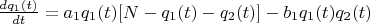 $\frac{dq_1(t)}{dt}=a_1 q_1(t) [N-q_1(t)-q_2(t)]-b_1 q_1(t) q_2(t) $