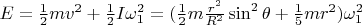 $E=\frac12 mv^2 + \frac12 I\omega_1^2=(\frac12 m\frac{r^2}{R^2}\sin^2\theta+\frac15 mr^2)\omega_1^2$