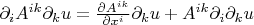 $\partial_i A^{ik}\partial_{k}u=\frac{\partial A^{ik}}{\partial x^i}\partial_{k}u +A^{ik}\partial_i\partial_{k}u$