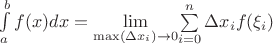 $\int\limits_{a}^{b}f(x)dx = \lim\limits_{\max(\Delta x_i) \rightarrow 0}$\sum\limits_{i=0}^{n}\Delta x_i f(\xi_i)$