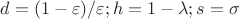 $d=(1-\varepsilon)/\varepsilon; h=1-\lambda;s=\sigma$