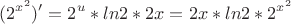 $$(2^{x^2})'=2^{u}*ln{2}*2x=2x*ln{2}*2^{x^2}$$