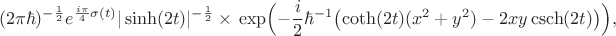$$(2\pi\hbar)^{-\frac{1}{2}} e^{\frac{i\pi}{4}\sigma(t)}|\sinh (2t)|^{-\frac{1}{2}} \times \\
\exp\Bigl(-\frac{i}{2}\hbar^{-1}
\bigl( \coth(2t)(x^2+y^2)-2xy\operatorname{csch} (2t)\bigr)\Bigr),$$