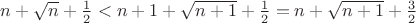 $n+\sqrt{n}+\frac{1}{2}<n+1+\sqrt{n+1}+\frac{1}{2}=n+\sqrt{n+1}+\frac{3}{2}$