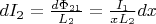 $dI_2=\frac{d\Phi_{21}}{L_2}=\frac{I_1}{xL_2}dx$