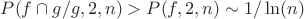 $P(f \cap g/g,2,n)>P(f,2,n) \sim 1/ \ln(n)$