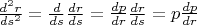 $\frac{d^2r}{ds^2}=\frac d{ds}\frac{dr}{ds}=\frac{dp}{dr}\frac{dr}{ds}=p\frac{dp}{dr}$