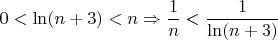 \[
0 < \ln (n + 3) < n \Rightarrow \frac{1}{n} < \frac{1}{{\ln (n + 3)}}\]