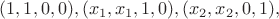 $(1,1,0,0),(x_1,x_1,1,0),(x_2,x_2,0,1),$