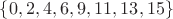 $ \{ 0, 2, 4, 6, 9, 11, 13, 15 \} $