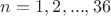 $n=1, 2, ..., 36$