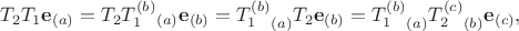$$T_2T_1\mathbf{e}_{(a)}=T_2T_1^{(b)}}_{(a)}\mathbf{e}_{(b)}={T_1^{(b)}}_{(a)}T_2\mathbf{e}_{(b)}={T_1^{(b)}}_{(a)}{T_2^{(c)}}_{(b)}\mathbf{e}_{(c)},$$