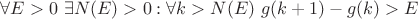 $\forall E > 0 \ \exists N(E) > 0: \forall k > N(E)  \ g(k+1) - g(k) > E$