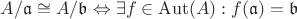$A/\mathfrak{a}\cong A/\mathfrak{b}\Leftrightarrow \exists f\in \mathrm{Aut}(A): f(\mathfrak{a})=\mathfrak{b}$