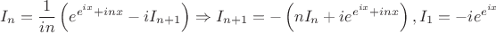$$I_n=\frac{1}{in}\left(e^{e^{ix}+inx}-iI_{n+1}\right)\Rightarrow I_{n+1}=-\left(nI_n+ie^{e^{ix}+inx}\right), I_1=-ie^{e^{ix}}$$