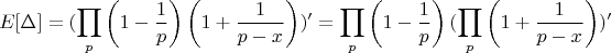 $$E[\Delta]=(\prod_{p}\left(1-\frac{1}{p}\right)\left(1+\frac{1}{p-x}\right))'=\prod_{p}\left(1-\frac{1}{p}\right)(\prod_{p}\left(1+\frac{1}{p-x}\right))'$$