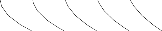 $$\begin{tikzpicture}\draw [black, thin](0.0867,1.6184) -- (0.0022,2.0000) -- (0.0000,1.9993) -- (0.0794,1.6172) -- (0.5089,1.0000) -- (1.3106,0.3828) -- (1.9946,0.0007) -- (2.0000,0.0000) -- (1.3230,0.3816) -- (0.5211,1.0000) -- (0.0867,1.6184);\draw [black, thin](2.4034,1.3093) -- (2.1434,1.8095) -- (2.1000,2.0000) -- (2.1387,1.8085) -- (2.3936,1.3087) -- (3.0104,0.6913) -- (3.7546,0.1915) -- (4.1000,0.0000) -- (3.7636,0.1905) -- (3.0227,0.6907) -- (2.4034,1.3093);\draw [black, thin](4.8551,1.0000) -- (4.3700,1.6183) -- (4.2026,2.0000) -- (4.2000,1.9995) -- (4.3620,1.6175) -- (4.8429,1.0000) -- (5.5939,0.3825) -- (6.1951,0.0005) -- (6.2000,0.0000) -- (5.6056,0.3817) -- (4.8551,1.0000);\draw [black, thin](7.3310,0.6908) -- (6.7120,1.3092) -- (6.3852,1.8094) -- (6.3000,2.0000) -- (6.3799,1.8087) -- (6.7019,1.3088) -- (7.3190,0.6912) -- (7.9964,0.1913) -- (8.3000,0.0000) -- (8.0047,0.1906) -- (7.3310,0.6908);\draw [black, thin](9.8654,0.3818) -- (9.1521,1.0000) -- (8.6303,1.6182) -- (8.4029,2.0000) -- (8.4000,1.9996) -- (8.6218,1.6176) -- (9.1399,1.0000) -- (9.8541,0.3824) -- (10.3954,0.0004) -- (10.4000,0.0000) -- (9.8654,0.3818);\end{tikzpicture}$$