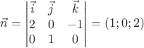 $\vec n = \begin{vmatrix}
\vec i & \vec j & \vec k\\ 
2 & 0 & -1 \\ 
 0& 1  & 0\\
\end{vmatrix}=(1;0;2)$