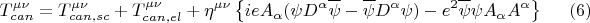 $$ T^{\mu \nu}_{can}=T^{\mu \nu}_{can, sc}+T^{\mu \nu}_{can, el} + \eta^{\mu \nu} \left \{ i e A_{\alpha} (\psi D^{\alpha} \overline{\psi} -  \overline{\psi} D^{\alpha} \psi) - e^2 \overline{\psi} \psi A_{\alpha} A^{\alpha} \right \}     \eqno{(6)}$$
