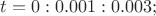 $t=0:0.001:0.003;$