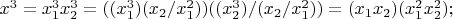 $x^3=x_1^3x_2^3=((x_1^3)(x_2/x_1^2))((x_2^3)/(x_2/x_1^2))=(x_1x_2)(x_1^2x_2^2);$