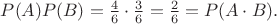 $P(A)P(B)=\frac{4}{6}\cdot \frac{3}{6}=\frac{2}{6}=P(A\cdot B).$