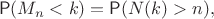 $$\mathsf P(M_n < k) = \mathsf P(N(k) > n),$$