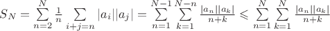 $S_N= \sum\limits_{n=2}^{N} \frac{1}{n} \sum\limits_{i+j=n} |a_i| |a_j| = \sum\limits_{n=1}^{N-1}\sum\limits_{k=1}^{N-n}\frac{|a_n||a_k|}{n+k}\leqslant\sum\limits_{n=1}^{N}\sum\limits_{k=1}^{N}\frac{|a_n||a_k|}{n+k}$
