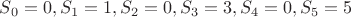 $S_0 = 0, S_1 = 1, S_2 = 0, S_3 = 3, S_4 = 0, S_5 = 5$