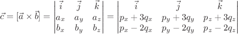 $\vec c = [\vec a \times \vec b]=\begin{vmatrix}
\vec i&\vec j&\vec k\\
a_x&a_y&a_z\\
b_x&b_y&b_z\\
\end{vmatrix}=
\begin{vmatrix}
\vec i&\vec j&\vec k\\
p_x+3q_x&p_y+3q_y&p_z+3q_z\\
p_x-2q_x&p_y-2q_y&p_z-2q_z\\
\end{vmatrix}
$
