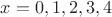 $x = 0, 1, 2, 3, 4$