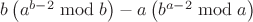 $b\left(a^{b-2}\bmod{b}\right)-a\left(b^{a-2}\bmod{a}\right)$