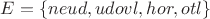 $E = \{neud, udovl, hor, otl\}$