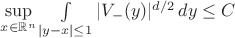$\sup\limits_{x\in \mathbb R^n} \int\limits_{|y-x|\le 1}|V_-(y)|^{d/2}\,dy\le C$