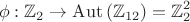 $$\phi:\mathbb{Z}_2\to\operatorname{Aut}\left(\mathbb{Z}_{12}\right)=\mathbb{Z}_2^2$$ $$\phi:\mathbb{Z}_2\to\operatorname{Aut}\left(\mathbb{Z}_{12}\right)=\mathbb{Z}_2^2$$