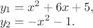 $\[\begin{array}{l}
 {y_1} = {x^2} + 6x + 5, \\ 
 {y_2} =  - {x^2} - 1. \\ 
 \end{array}\]
$