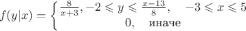 $$f(y|x) = \left\{\begin{matrix}
\frac{8}{x+3}, -2 \leqslant y \leqslant \frac{x-13}{8}, \quad -3 \leqslant x \leqslant 5  \\ 
0, \quad \text{иначе}
\end{matrix}\right.$$