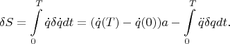 $$\delta S=\int\limits_{0}^{T}\dot {q}\delta\dot {q}dt=(\dot {q}(T)-\dot {q}(0))a-\int\limits_{0}^{T}\ddot {q}\delta q dt.$$