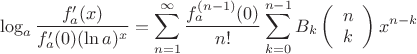$$\log_a \frac{f'_a(x)}{f'_a(0)(\ln a)^{x}} = \sum_{n=1}^{\infty} \frac{f_a^{(n-1)}(0)}{n!}\sum _{k=0}^{n-1} B_k \left( \begin{array}{c} n \\ k \end{array} \right)x^{n-k}$$