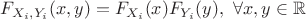 $F_{X_i,Y_i}(x,y) = F_{X_i}(x)F_{Y_i}(y), ~\forall x,y \in \mathbb{R}$ $F_{X_i,Y_i}(x,y) = F_{X_i}(x)F_{Y_i}(y), ~\forall x,y \in \mathbb{R}$