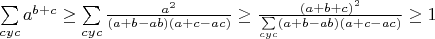 $\sum\limits_{cyc}a^{b+c}\geq\sum\limits_{cyc}\frac{a^2}{(a+b-ab)(a+c-ac)}\geq\frac{(a+b+c)^2}{\sum\limits_{cyc}(a+b-ab)(a+c-ac)}\geq1$