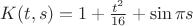 $K(t,s)=1+\frac{t^2}{16}+\sin\pi s$