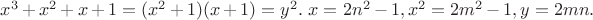 $x^3+x^2+x+1=(x^2+1)(x+1)=y^2.\ x=2n^2-1,x^2=2m^2-1,y=2mn.$