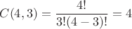 $C(4,3)=\dfrac{4!}{3!(4-3)!}=4$