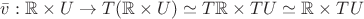$\bar v:\mathbb R\times U\to T(\mathbb R\times U)\simeq T\mathbb R\times TU\simeq\mathbb R\times TU$