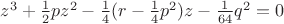 $z^3+\frac1 2pz^2-\frac1 4(r-\frac1 4p^2)z-\frac{1}{64}q^2=0$