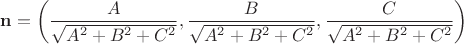 $$
\mathbf{n} = \left( \frac{A}{\sqrt{A^2 + B^2 + C^2}}, \frac{B}{\sqrt{A^2 + B^2 + C^2}}, \frac{C}{\sqrt{A^2 + B^2 + C^2}} \right)
$$
