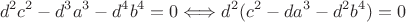 $$d^2c^2-d^3a^3-d^4b^4 = 0 \Longleftrightarrow d^2(c^2-da^3-d^2b^4)=0$$